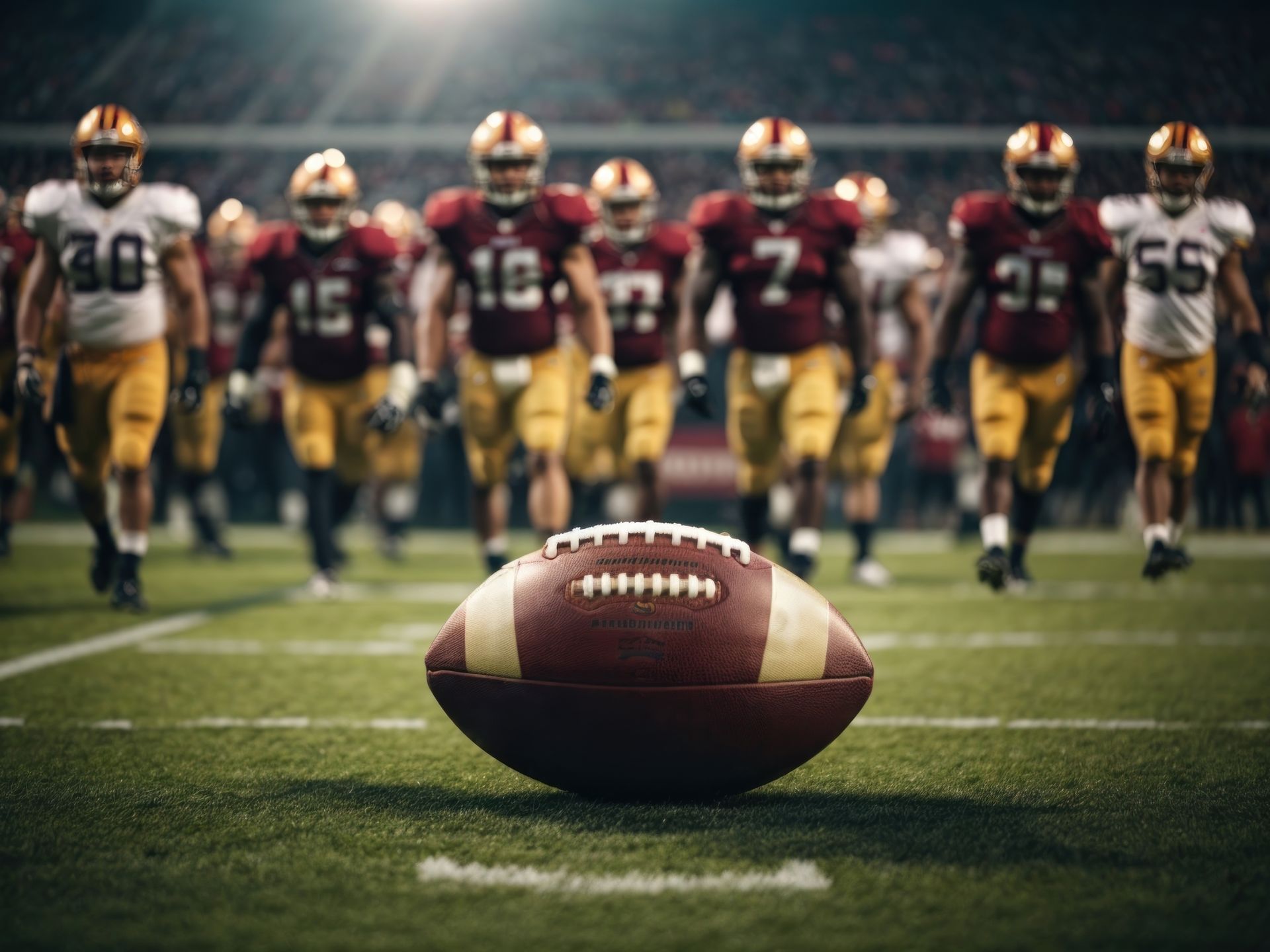 A group of football players are walking on a field with a football in the foreground.