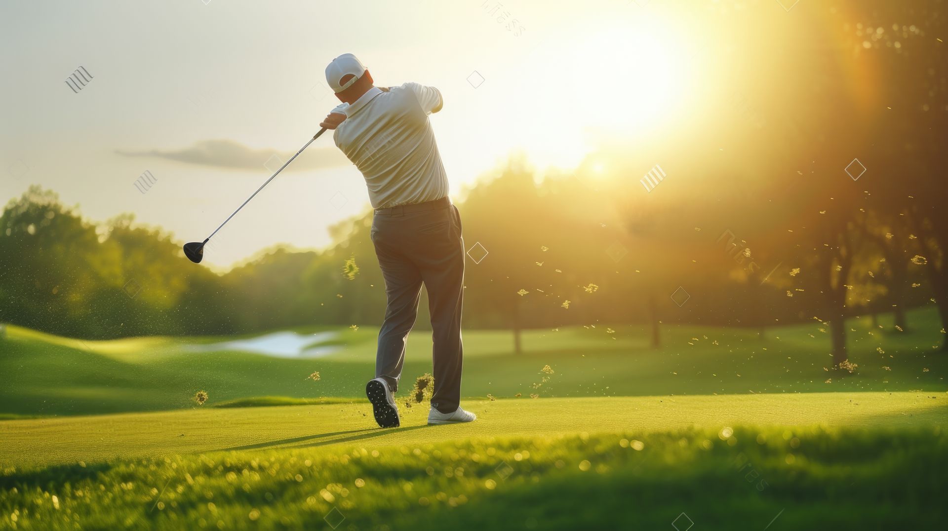 A man is swinging a golf club on a golf course at sunset.