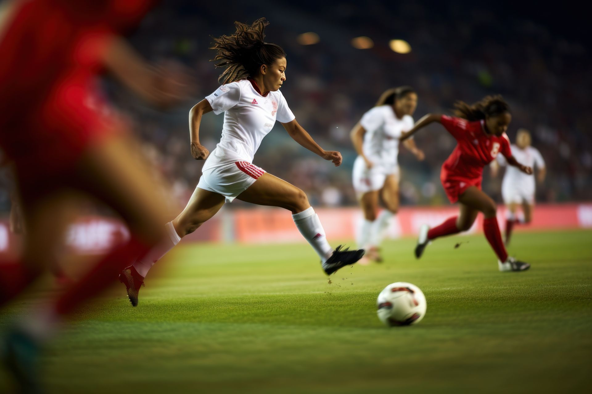 A group of women are playing soccer on a field.
