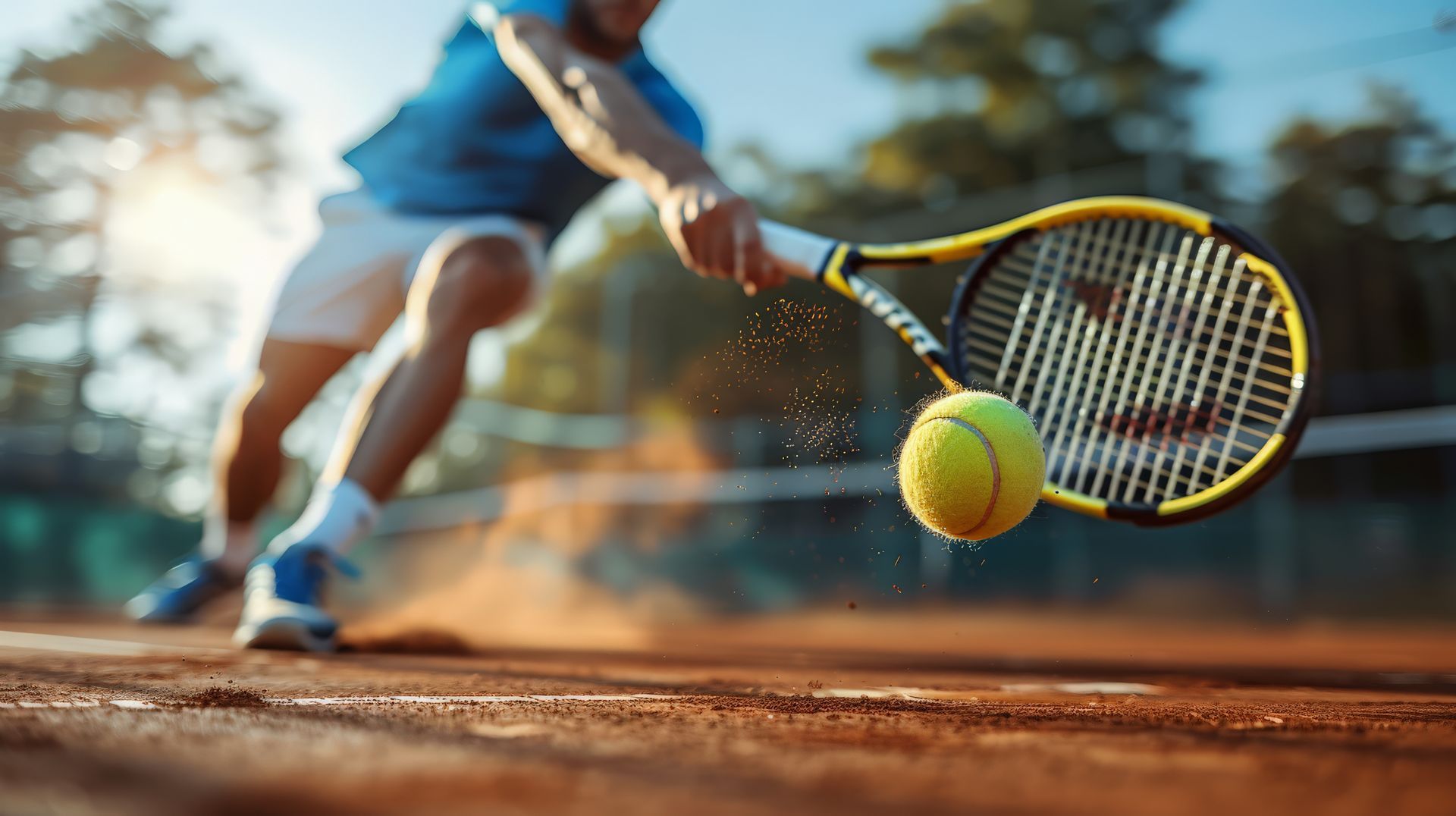 A man is hitting a tennis ball with a racket on a tennis court.
