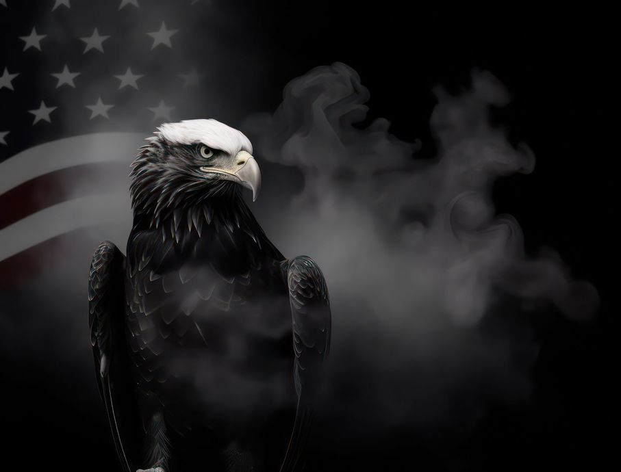 A bald eagle is standing in front of an american flag