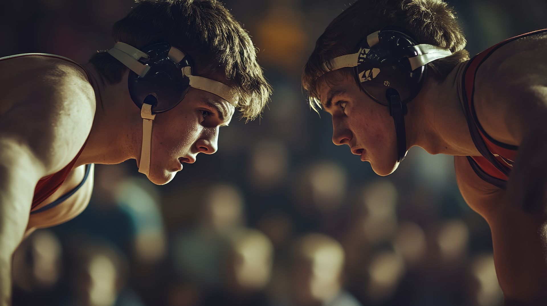Two wrestlers are facing each other in a wrestling match.