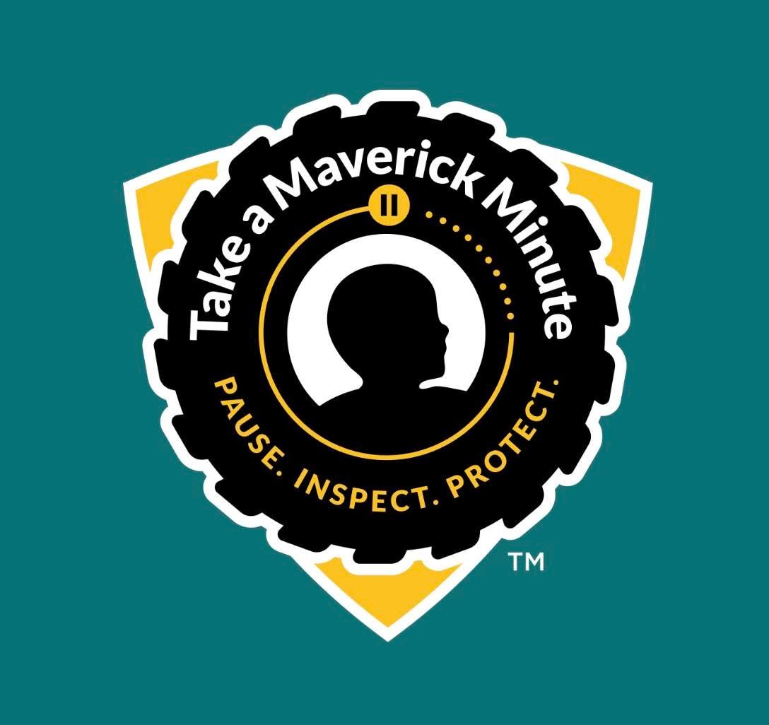 Take a Maverick Minute safety shield logo with black, gold, and white colors on teal background