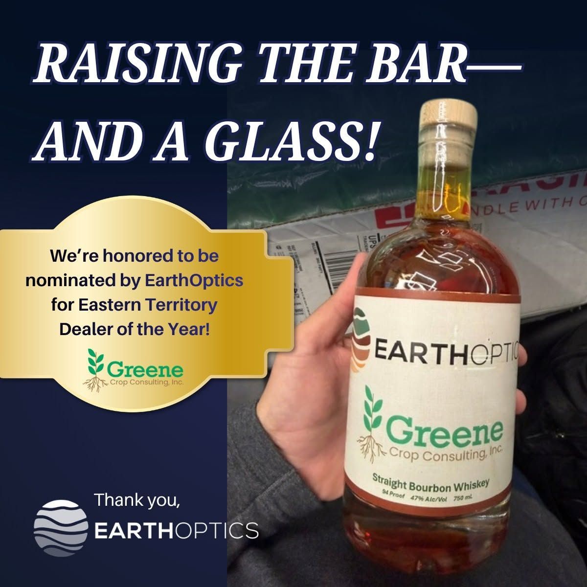 EarthOptics bottle held in hand with text celebrating Greene Crop Consulting nomination for Dealer of the Year.