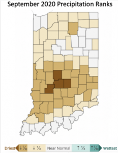 Map of Indiana showing September 2020 precipitation ranks in tan and brown shades.