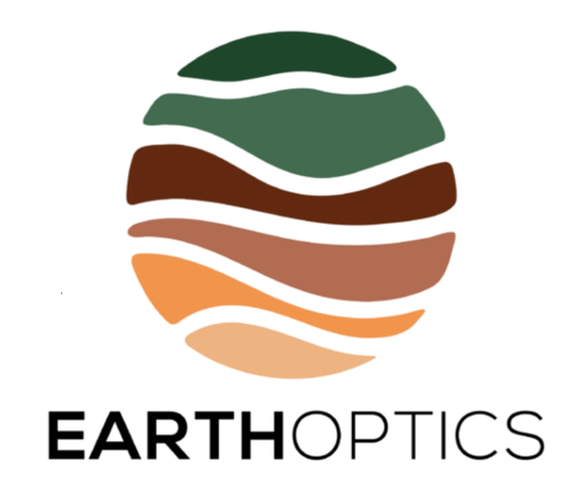 EarthOptics logo with layered green, brown, and orange circular earth design