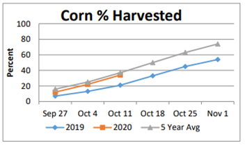 Line chart of corn % harvested from Sep 27 to Nov 1 comparing 2019, 2020, and 5-year average.