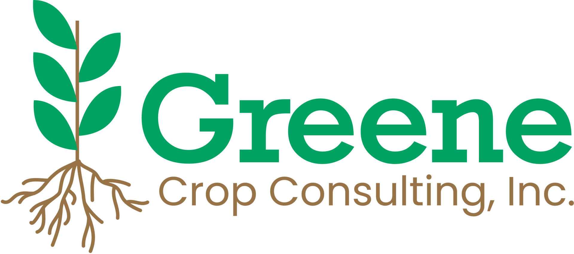 Greene Crop Consulting, Inc. logo with green leaves, roots, and brown text