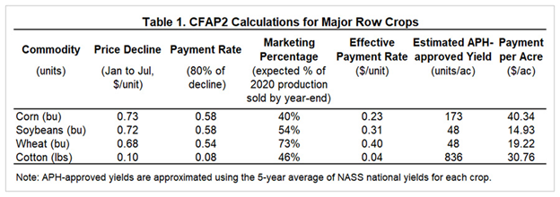 Table titled “CFAP2 Calculations for Major Row Crops” showing commodity, prices, and payment rates.