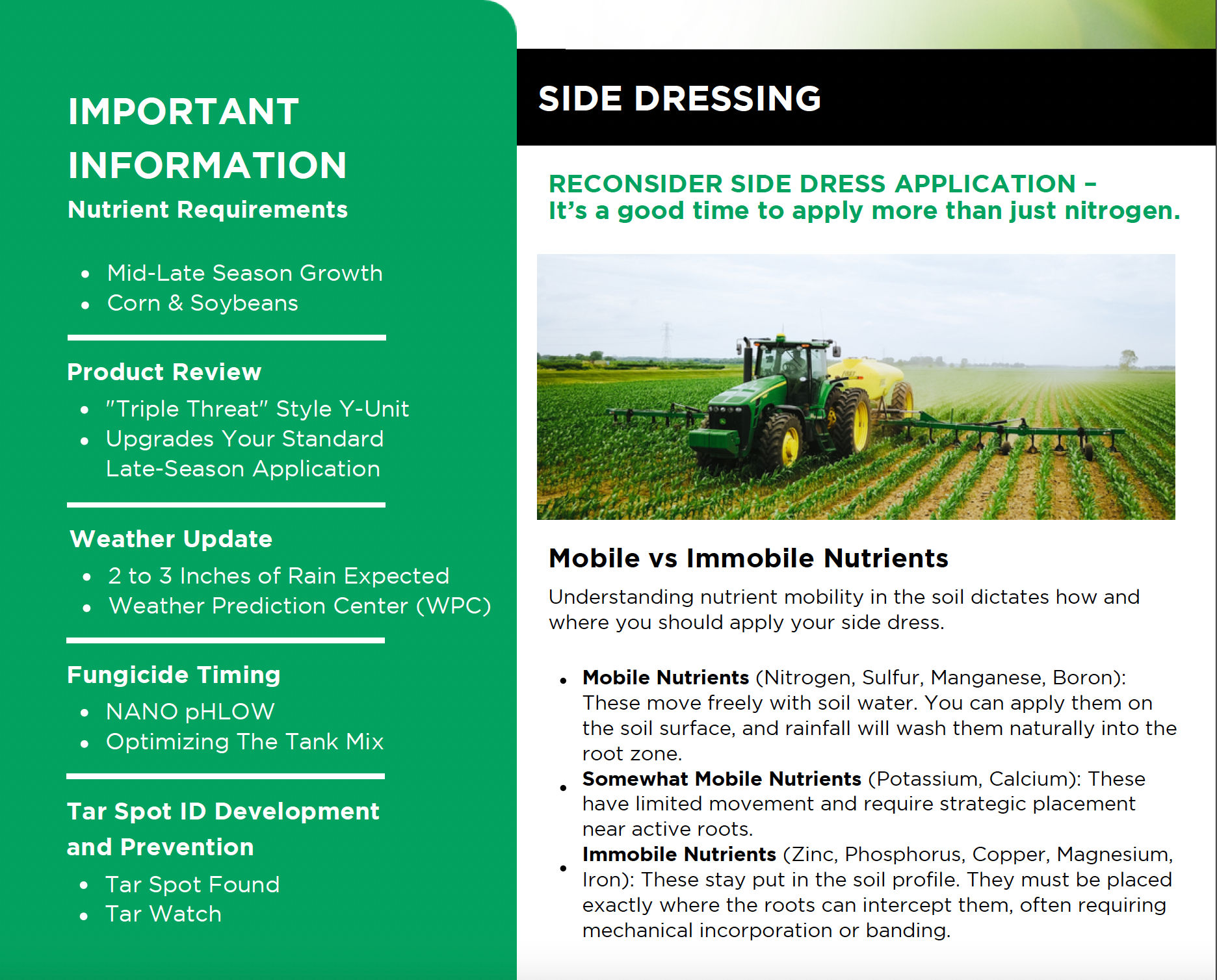 Nutrient guide infographic with green sidebar and side dressing section, showing fields and bulleted tips