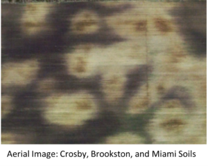 Aerial photo of Crosby, Brookston, and Miami soils with mottled tan and brown patches.