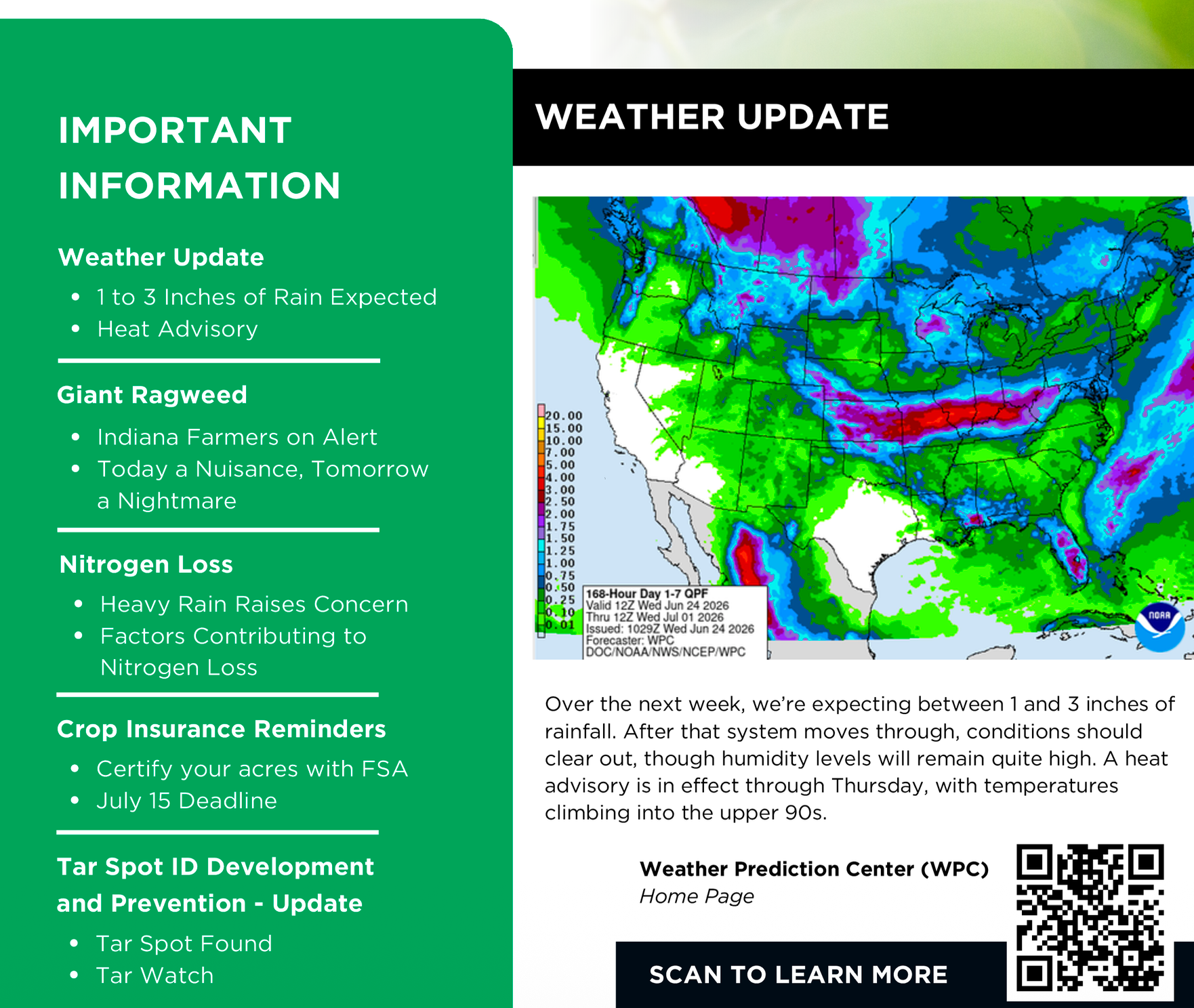 Weather update flyer with colorful map, important information, and QR code to scan for more details.