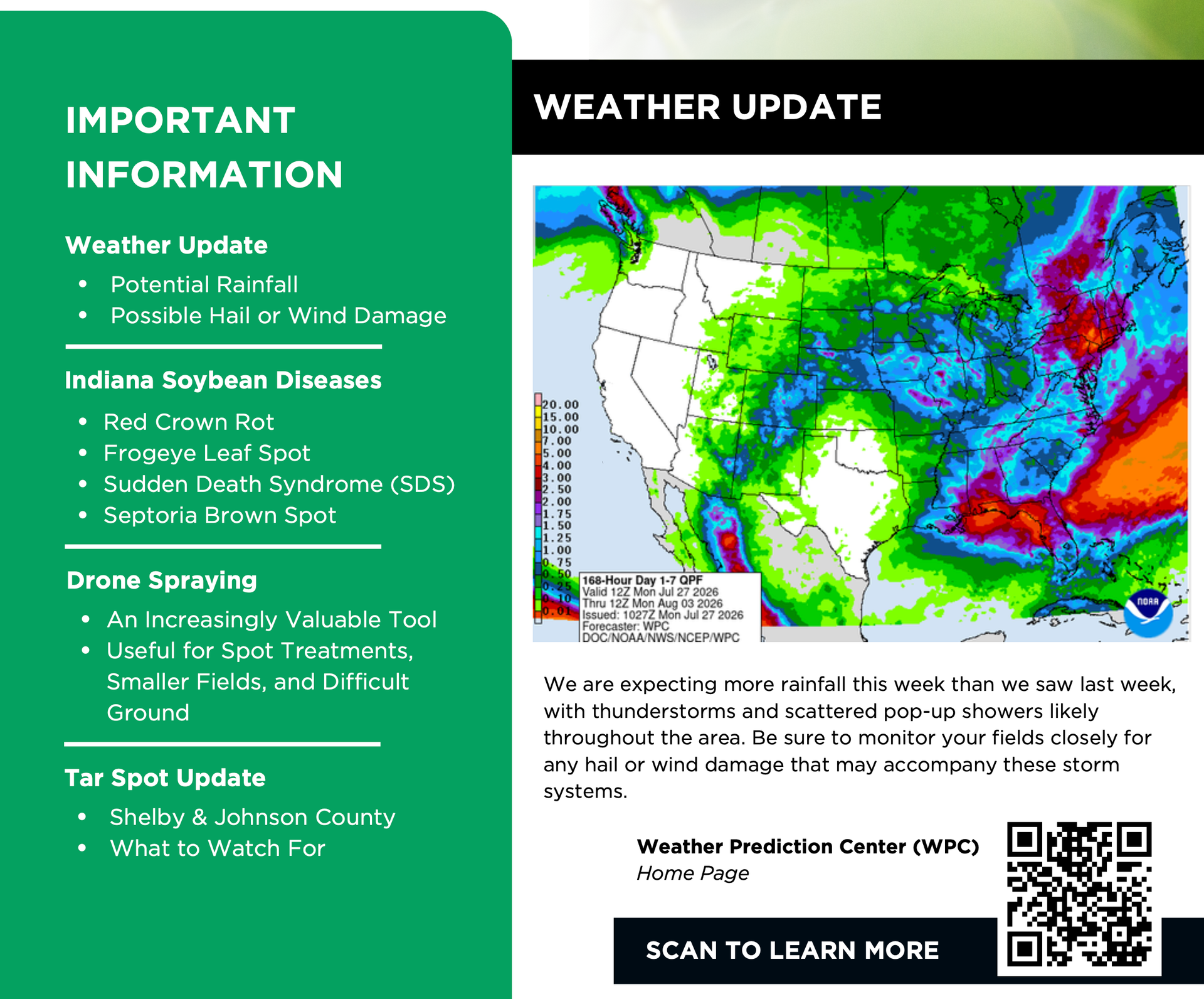 Weather update flyer with green notice panel and radar map showing heavy rain over Texas and Louisiana.