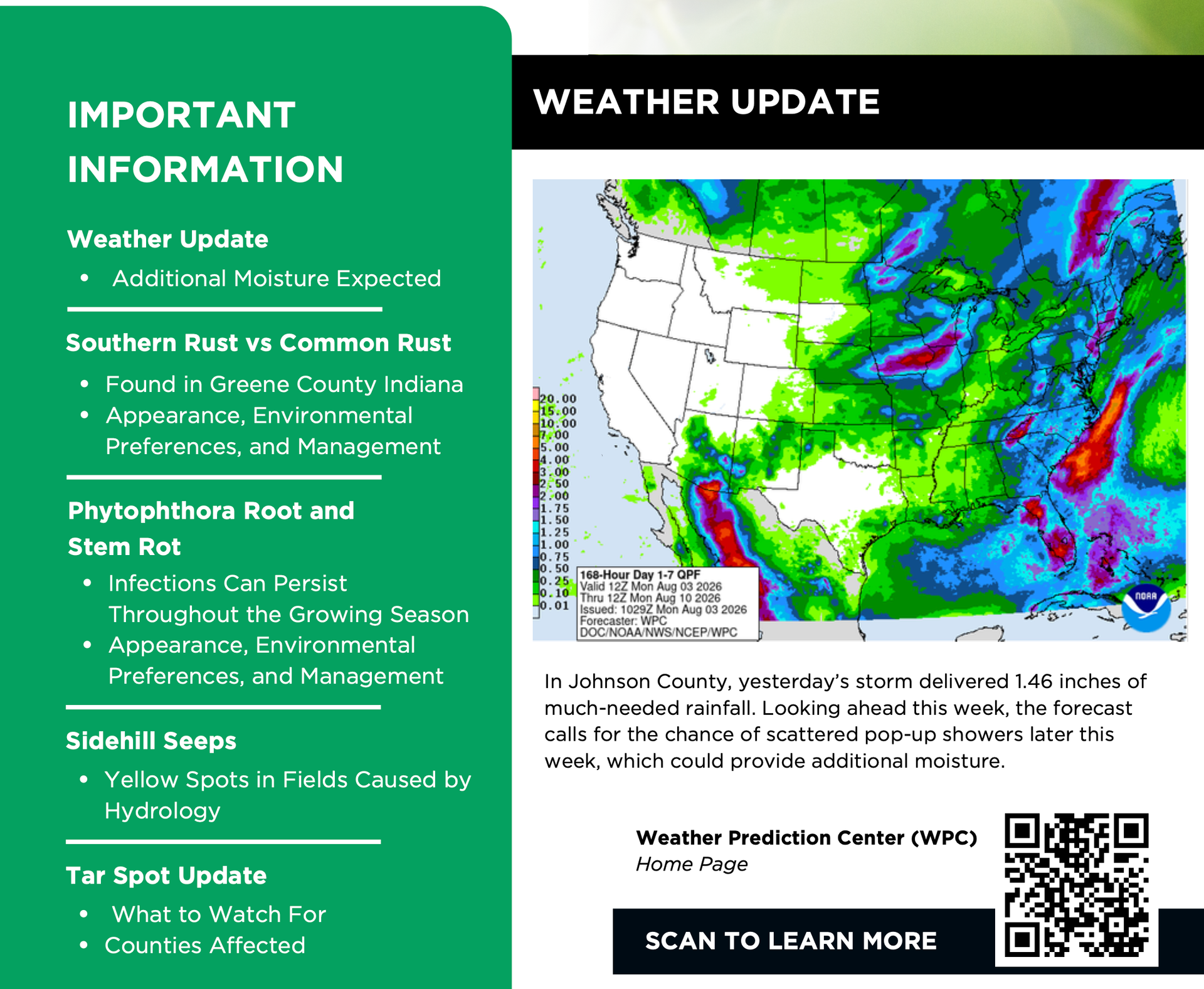 Weather update flyer with map of heavy rain and storm impacts, plus safety tips and QR code.