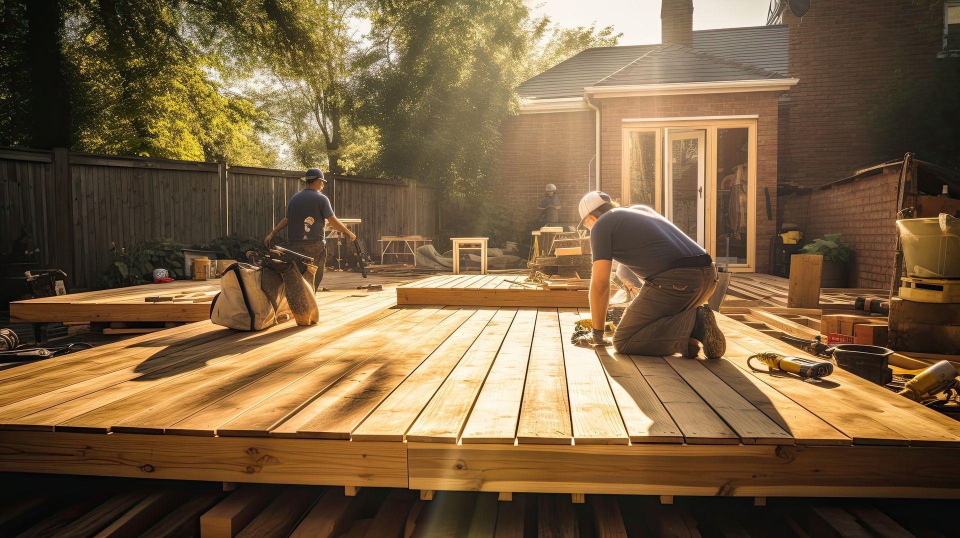 Workers build a wooden deck in a backyard, installing planks near a house in sunlight. Workers build a wooden deck in a backyard, installing planks near a house in sunlight.