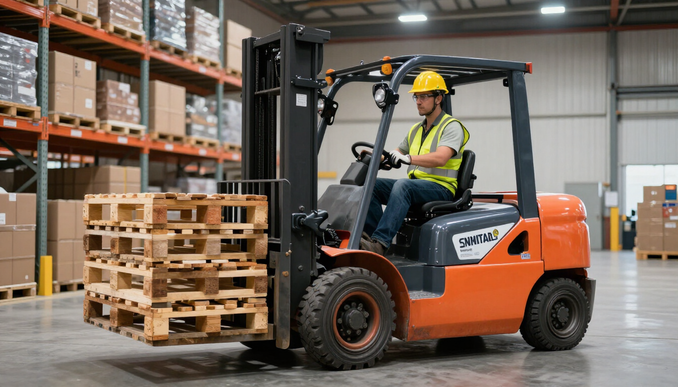 Carretilla elevadora naranja con trabajador con casco moviendo palés en un almacén.