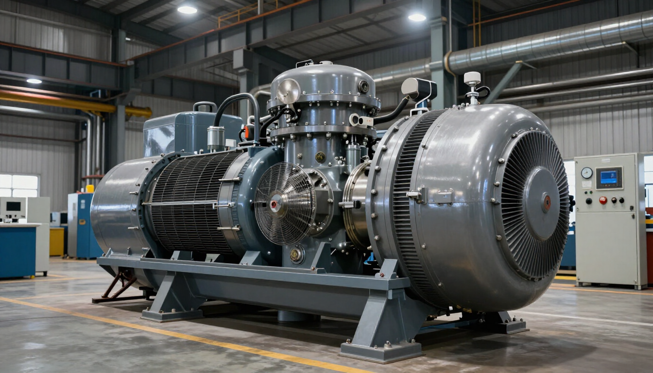 Gran máquina industrial en una fábrica, con una turbina/compresor metálico sobre una estructura de acero.