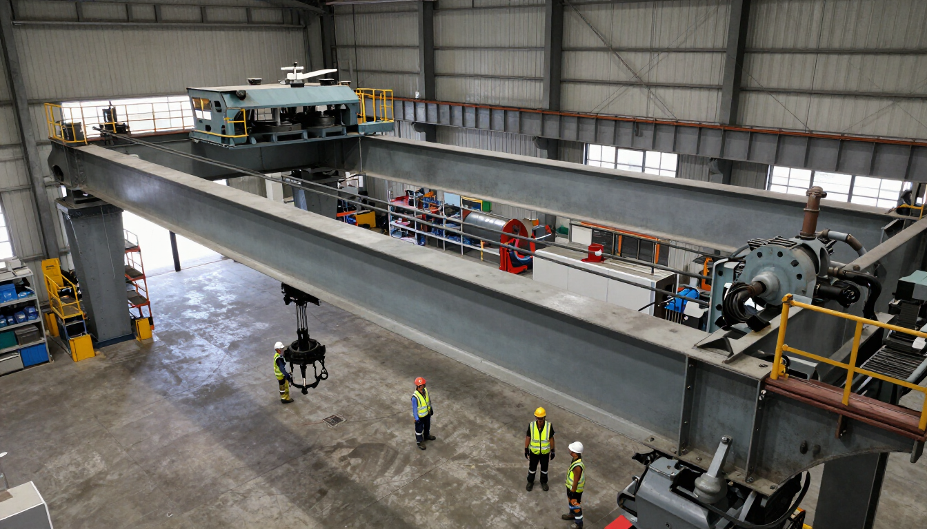 Gran taller industrial con una enorme estructura de puente gris y trabajadores inspeccionándola.