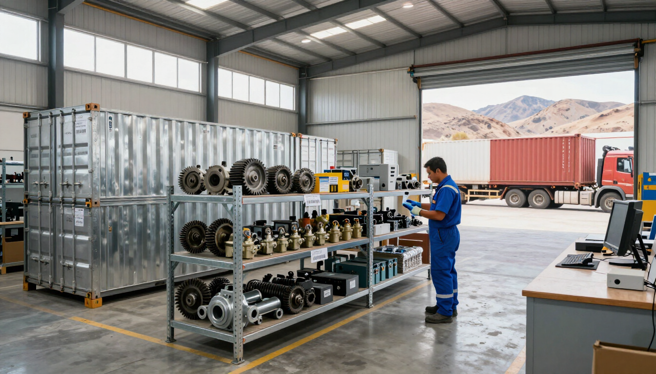 Técnico inspeccionando equipos industriales en un taller de almacén con un camión afuera