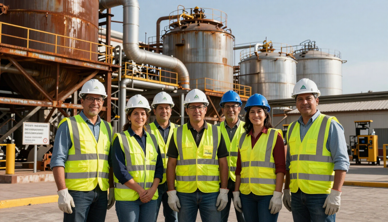 Siete trabajadores con cascos y chalecos de seguridad amarillos en una planta industrial con grandes tanques y tuberías.