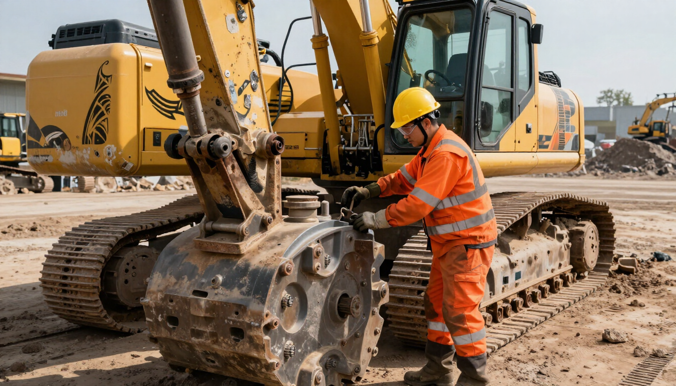 Obrero de la construcción con equipo naranja manejando la pala de una excavadora amarilla en una obra embarrada.