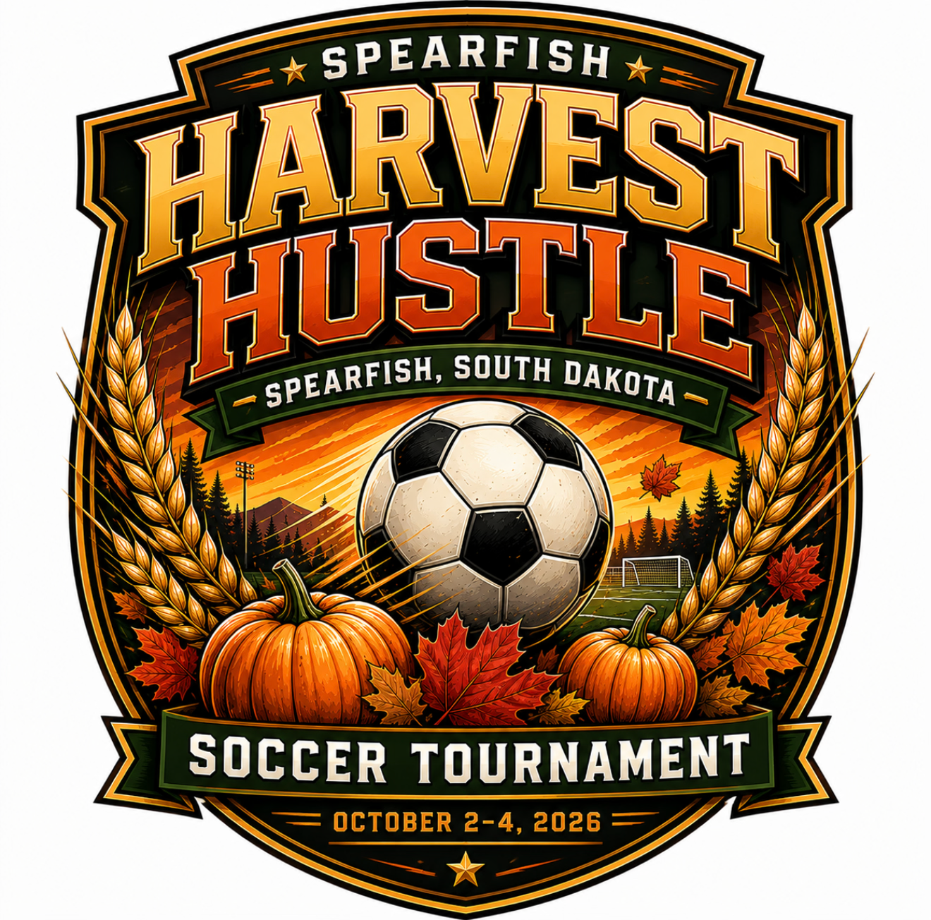 Harvest hustle tournament badge with a soccer ball, pumpkins, leaves, and tournament dates of October 2nd through October 4th, 2026