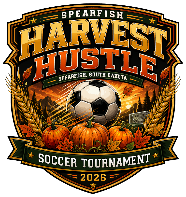 Harvest hustle tournament badge with a soccer ball, pumpkins, leaves, and tournament dates of October 2nd through October 4th, 2026
