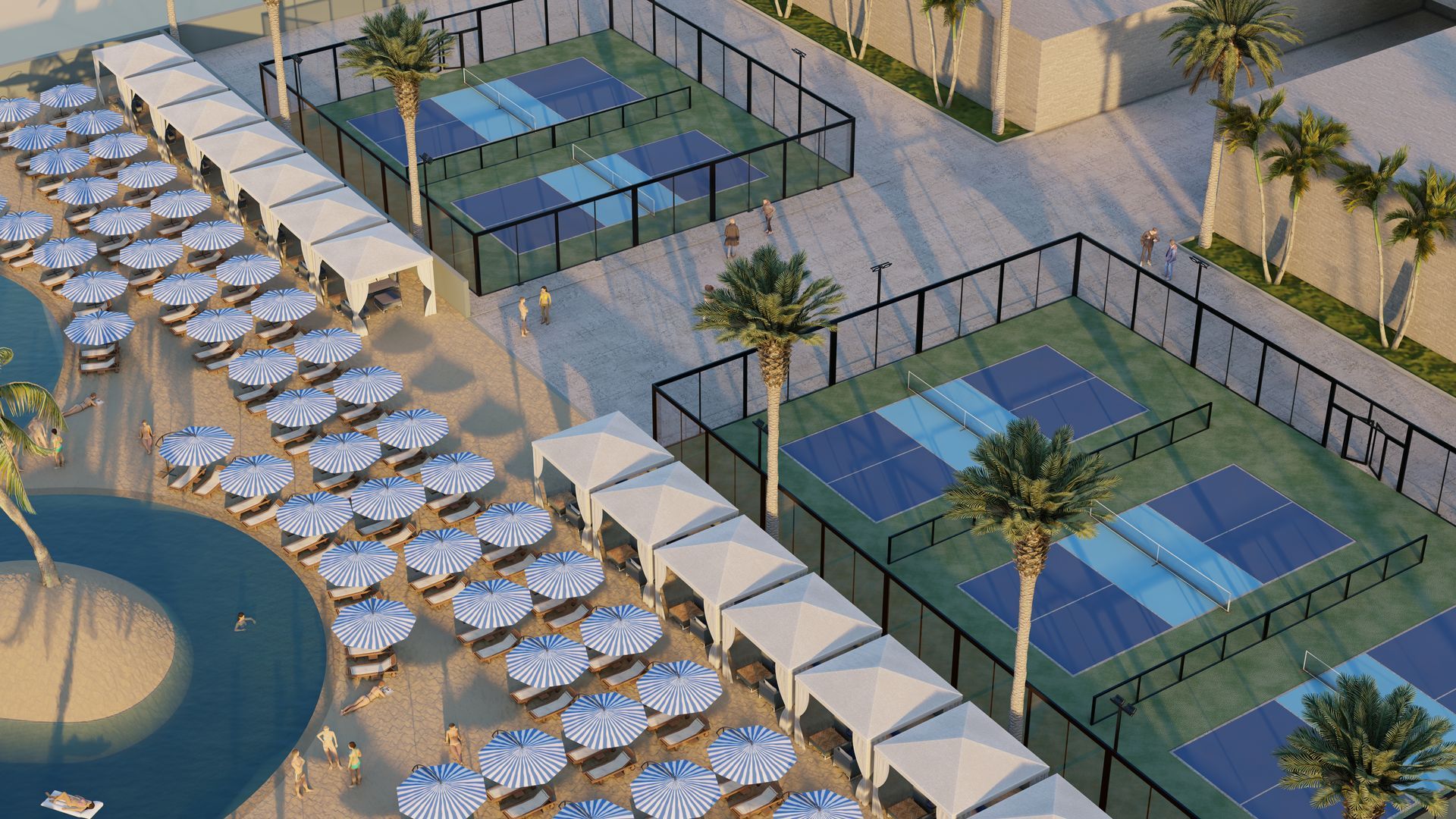 An aerial view of a blue tennis court with white lines