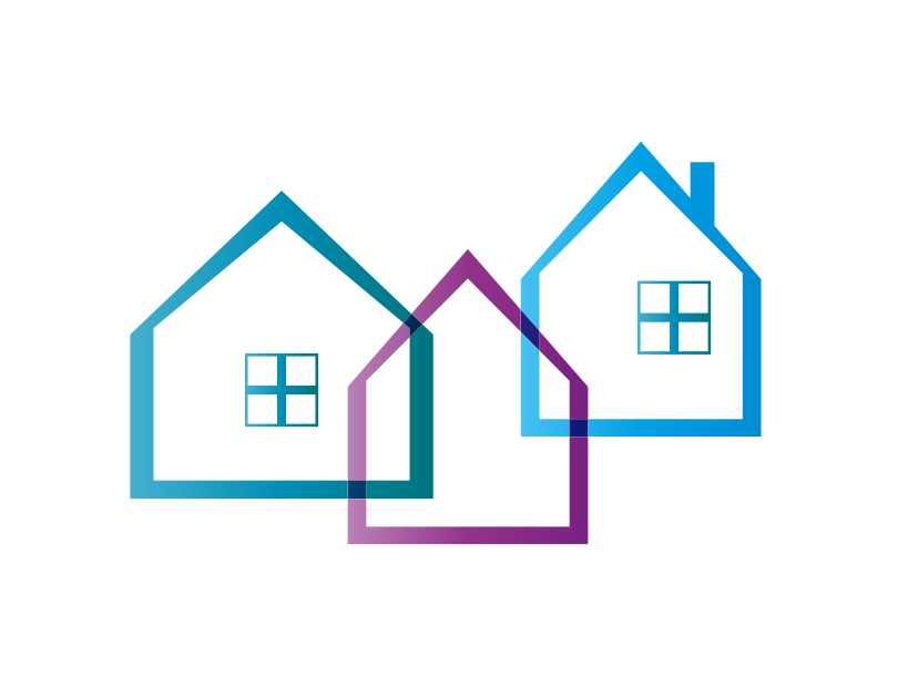 three blue and purple houses on a white background