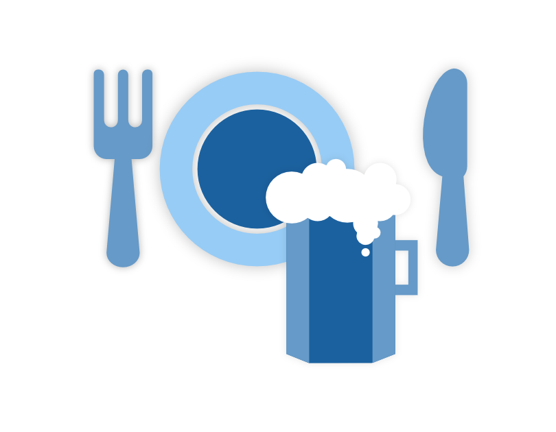 a image of a knife and fork, plate and mug of beer.