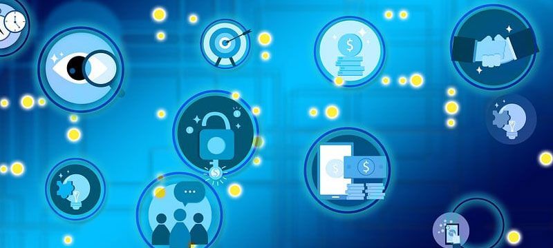 a bunch of icons are floating in the air on a blue background .
