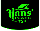 Logo for Hans' Place: Green text and image of a hat on a black background.