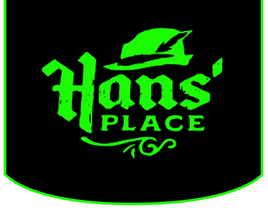 Logo for Hans' Place: Green text and image of a hat on a black background.