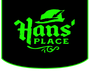Logo for Hans' Place: Green text and image of a hat on a black background.