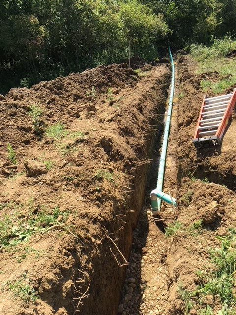 A long green PVC pipe sits in an excavated dirt trench in an outdoor wooded area with a red ladder resting nearby.