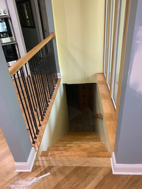 A wooden staircase leads down into a dimly lit basement, bordered by a wooden handrail with vertical black metal spindles.
