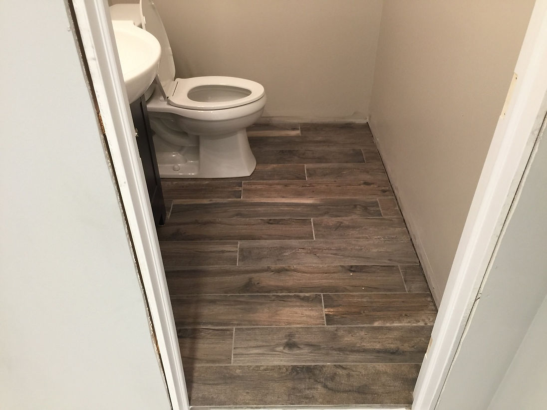 A small bathroom with wood-look tile flooring, a white toilet, and a partially visible sink vanity.
