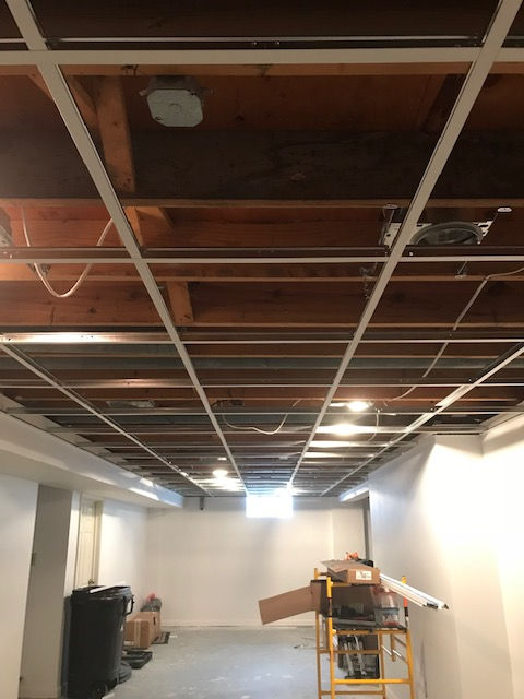 An unfinished basement featuring an exposed wooden ceiling grid, white walls, and a small window at the back.