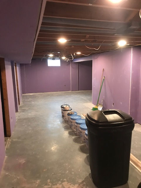 An unfinished basement with purple drywall, exposed ceiling joists, recessed lighting, and paint buckets on a concrete floor.