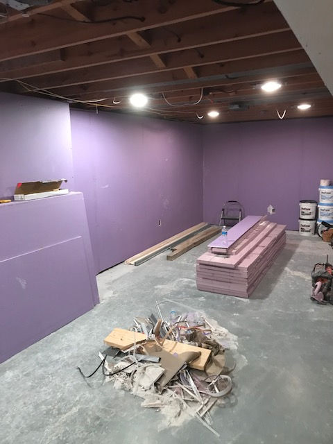 An unfinished basement with purple drywall on the walls, recessed lighting, and construction debris on the concrete floor.