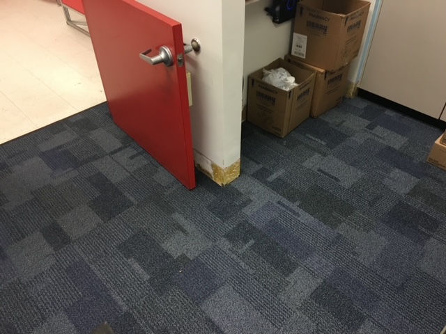 A bright red door is detached from its frame and sits on the blue carpeted floor next to a wall and two cardboard boxes.
