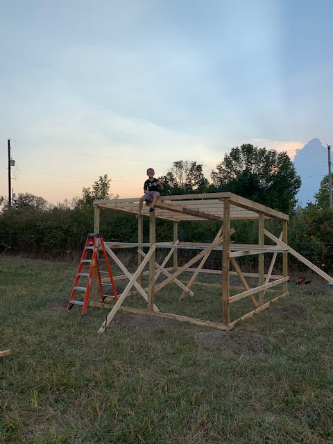 A person sits on top of a wooden frame structure in a field during twilight, with an orange ladder standing nearby.