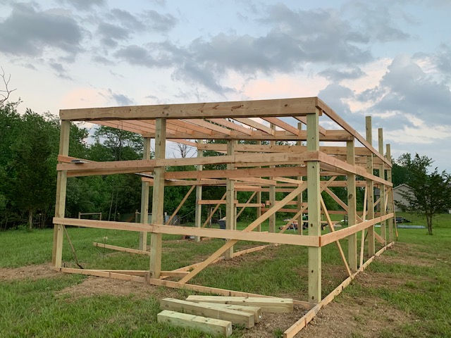 Wooden frame structure for an unfinished building under a cloudy sky in a grassy field.