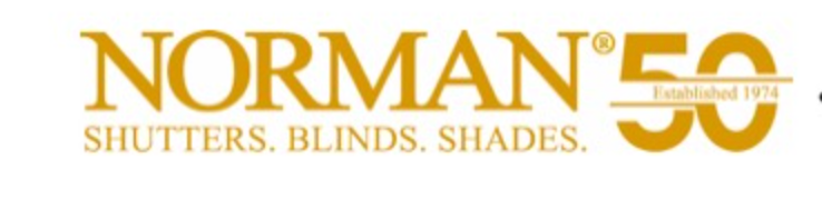 Gold logo for Norman Shutters, Blinds, Shades, featuring the number 50 and the text 
