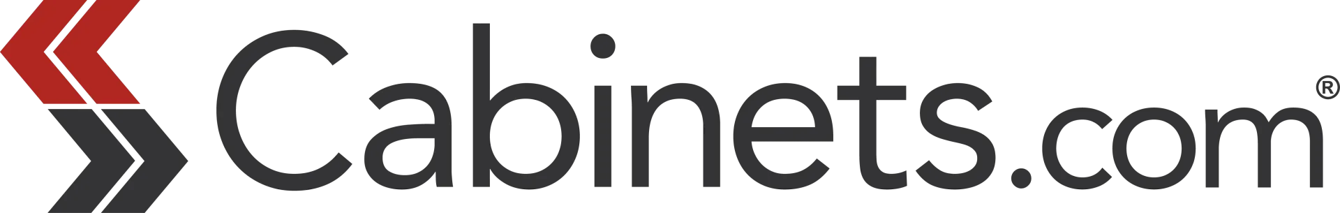 Logo for Cabinets.com featuring a stylized icon with red and black arrows to the left of the brand name in black text.
