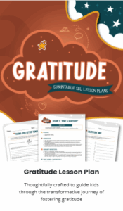 A lesson plan cover, "Gratitude", with example worksheets and a starry sky background.