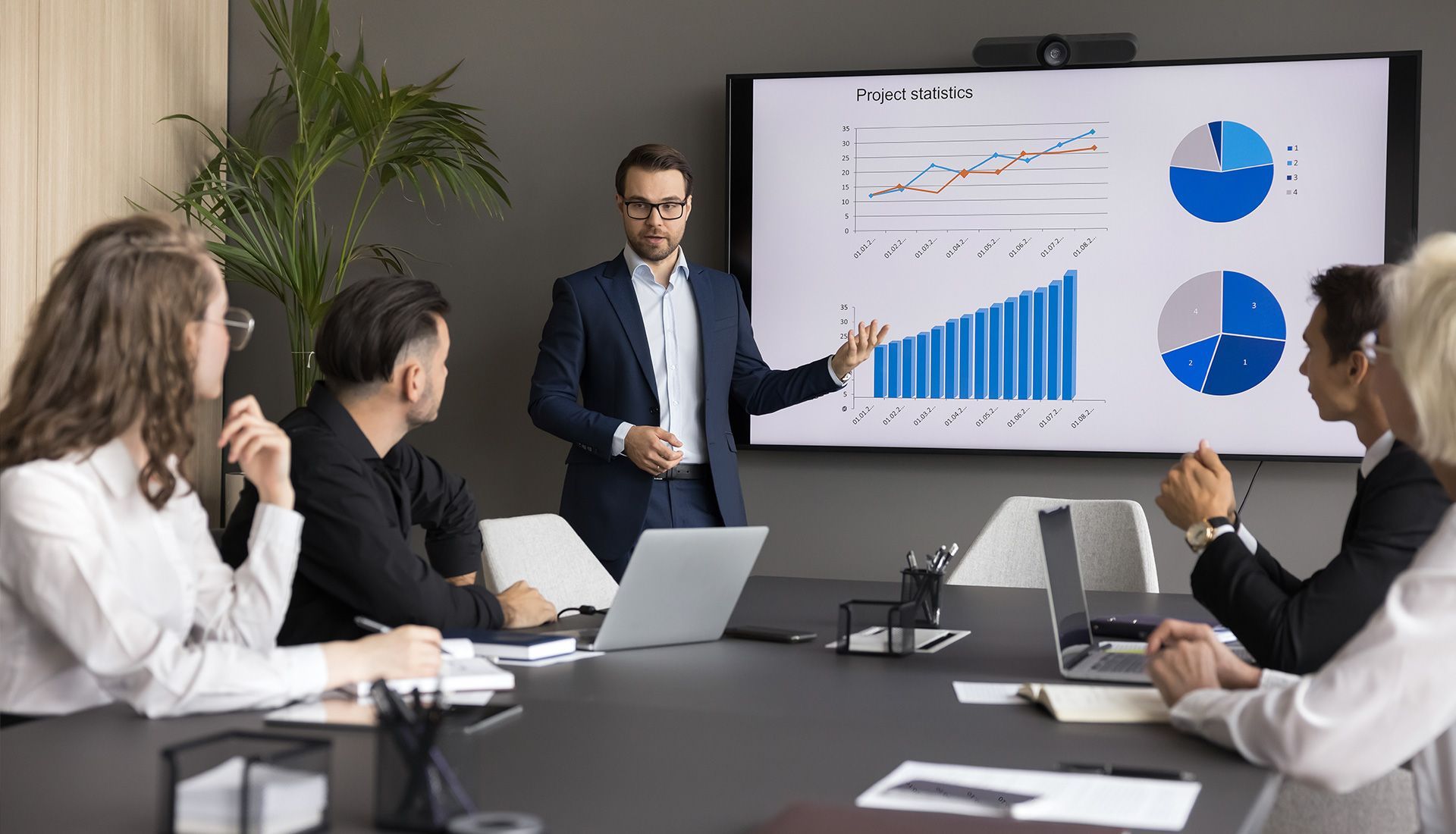 A man in a suit presents charts and graphs on a screen to a team in a modern office setting.