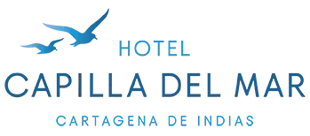 Logotipo del Hotel Capilla del Mar con dos gaviotas verde azulado volando. 