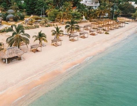Playa con cabañas, palmeras y aguas turquesas. Orilla de arena con tumbonas bajo estructuras cubiertas.