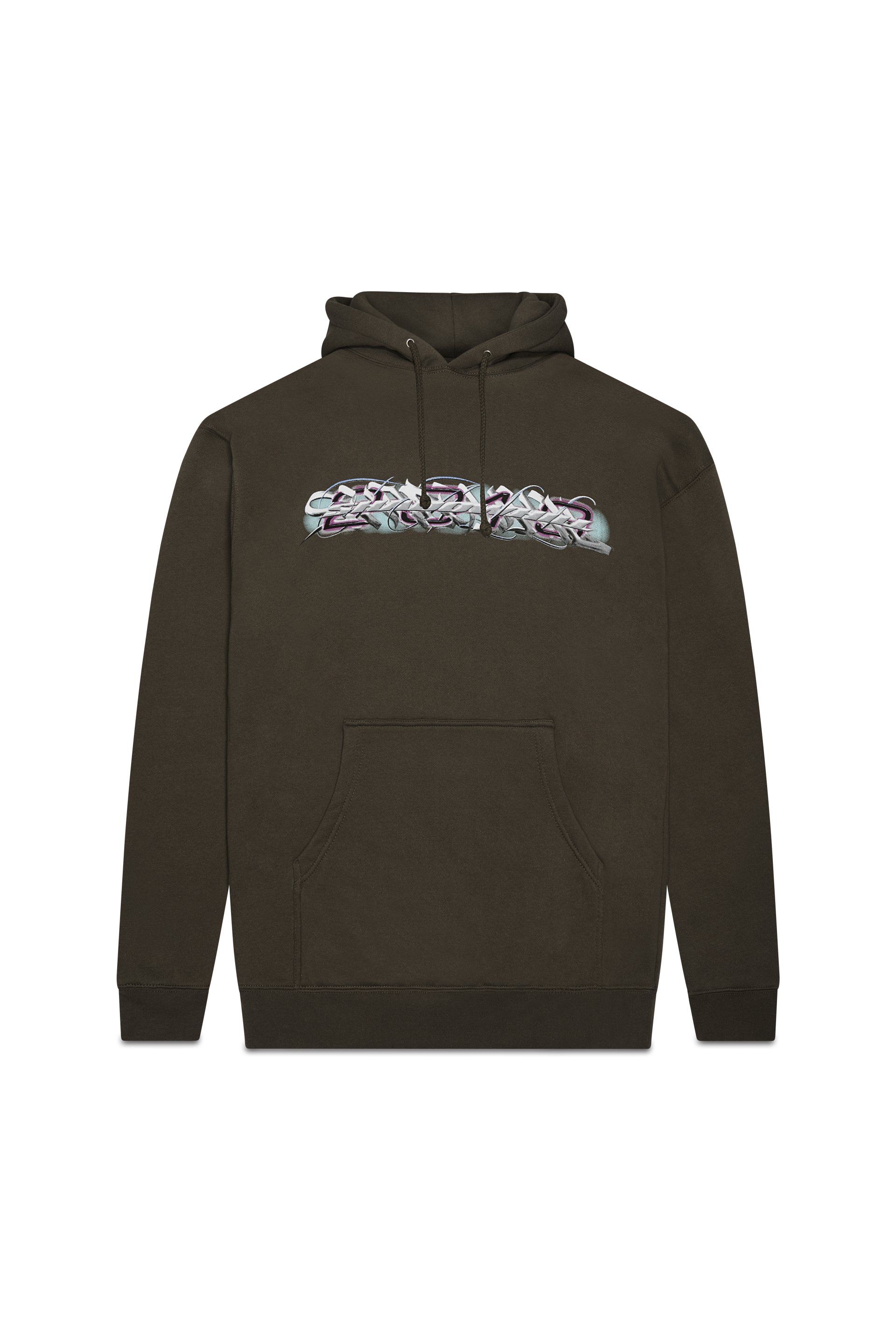 A brown hoodie with a white logo on it on a white background.